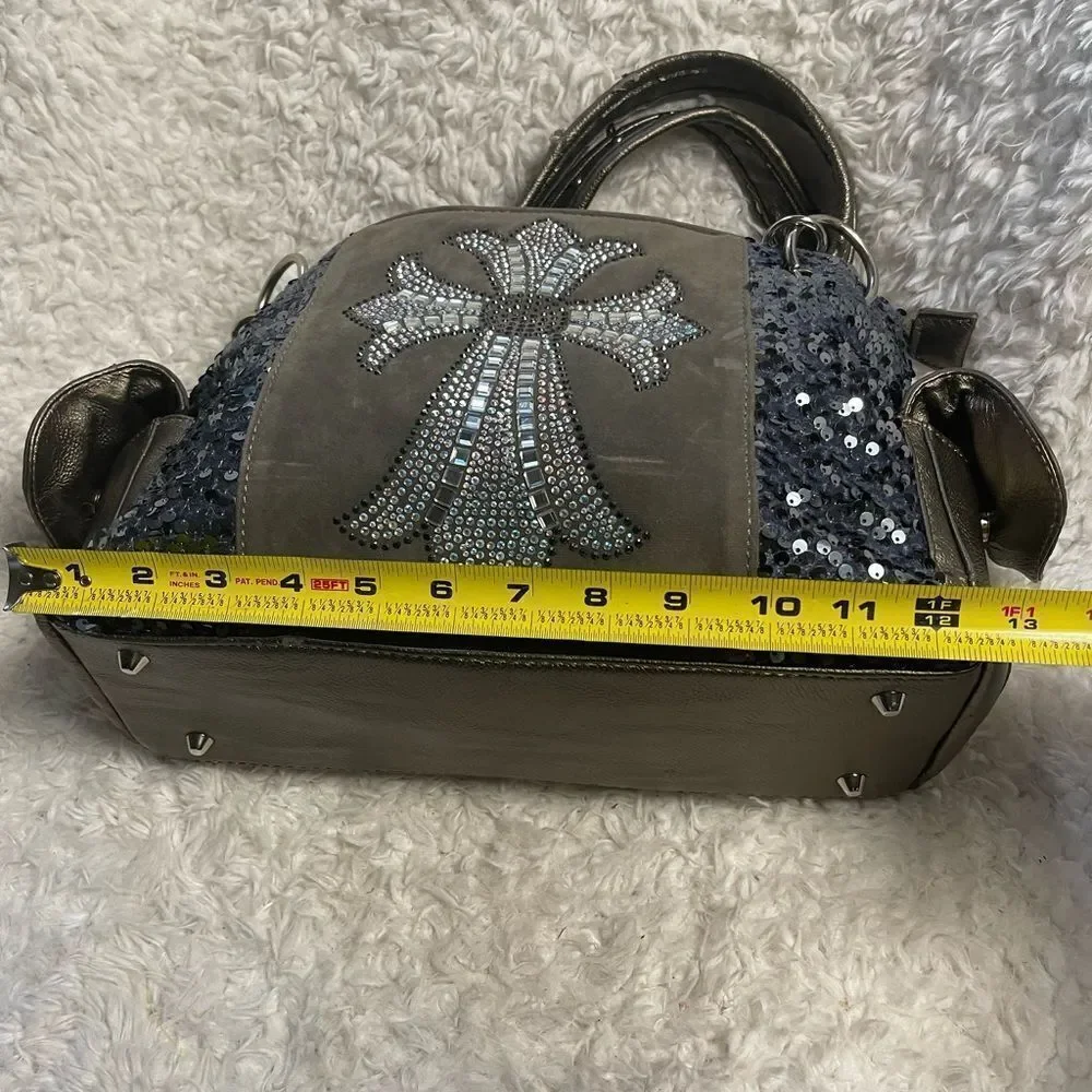 Stylish Blue &Silver Rhinestones cross embroidery & sequins metallic gray Bag